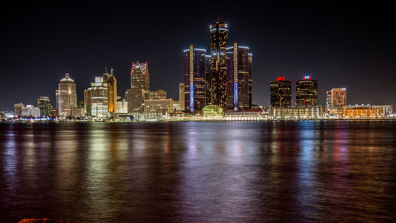 Detroit, Michigan skyline along the riverfront